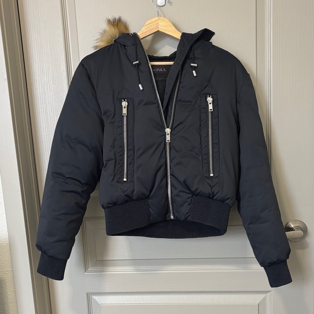 DOMA Navy Puffer Jacket with Fur Trim